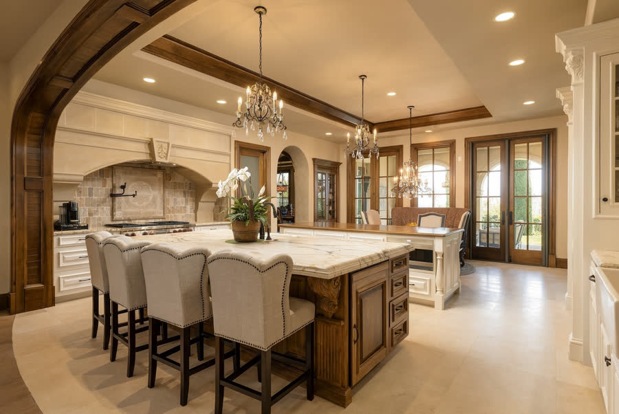 Kitchen under a beamed ceiling