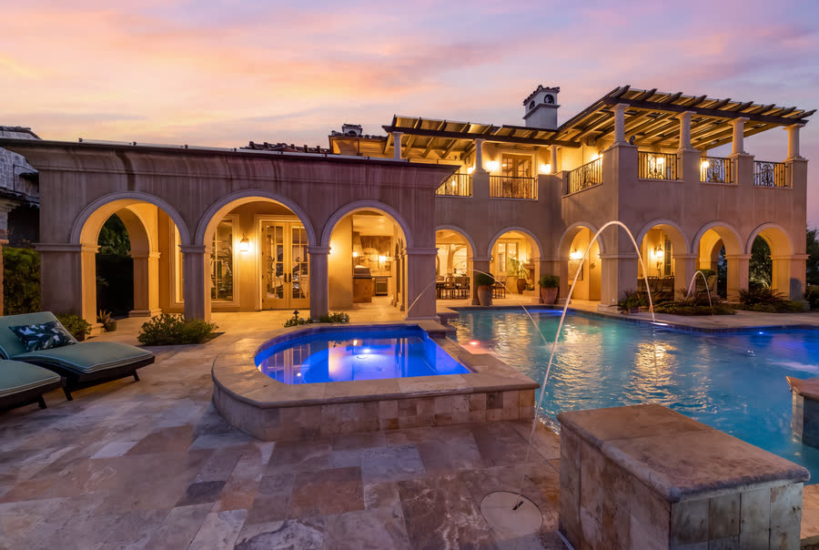 Pool and arcade at blue hour