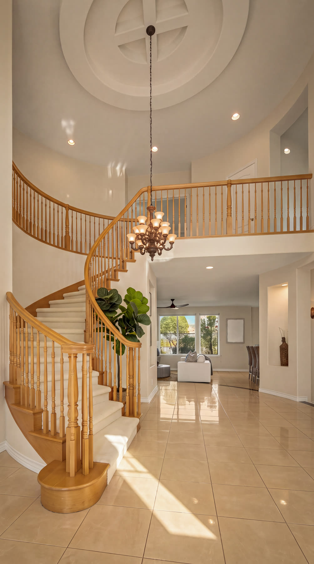 Spiral stair rising through a two-story foyer
