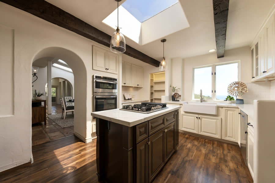 Kitchen with dark timber beams